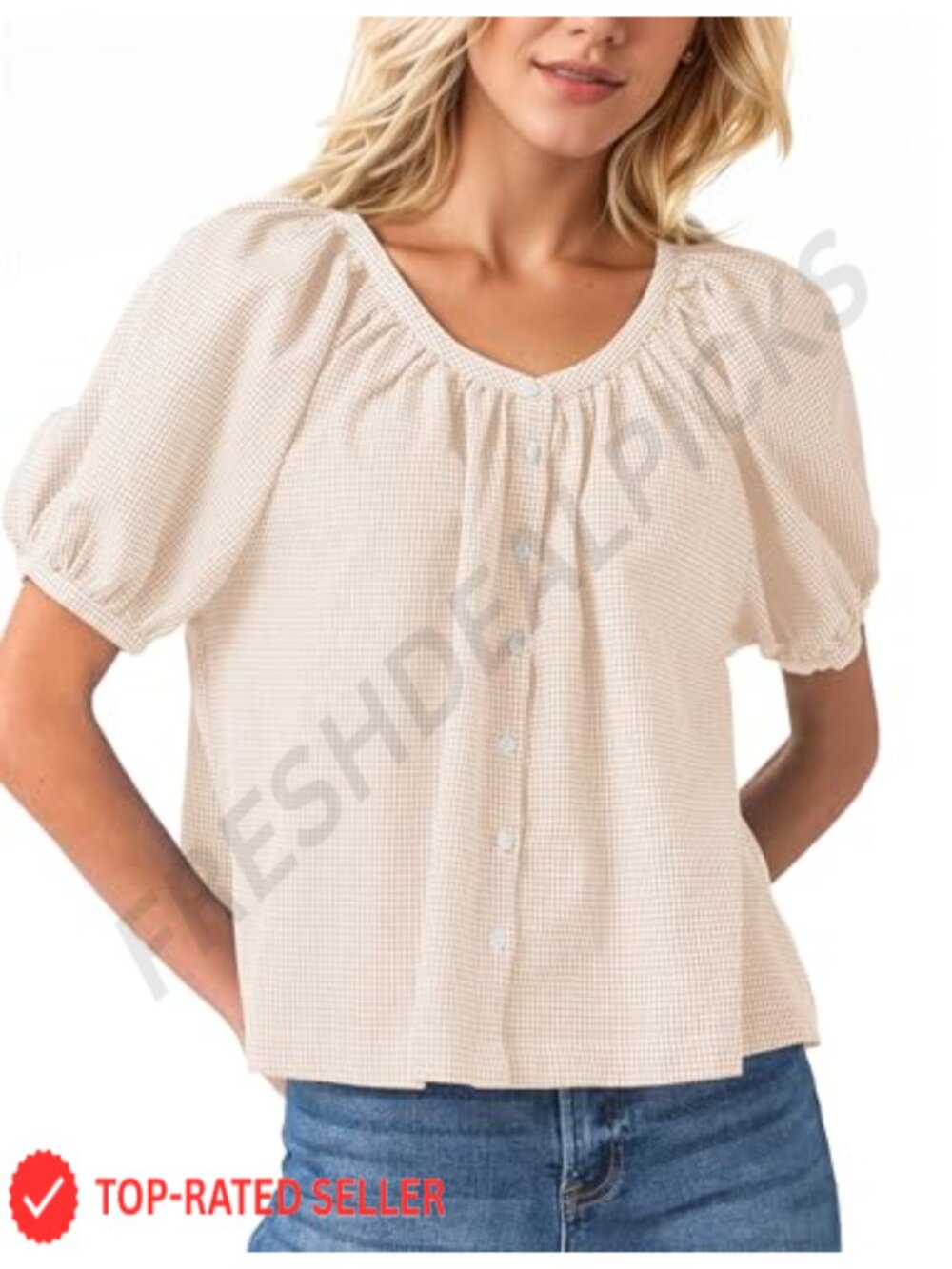 Women's Plaid Puff Short Sleeve Button Down Babydoll Peplum Blouse